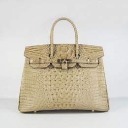 Hermes Birkin 35Cm Crocodile Head Stripe Handbags Apricot Gold